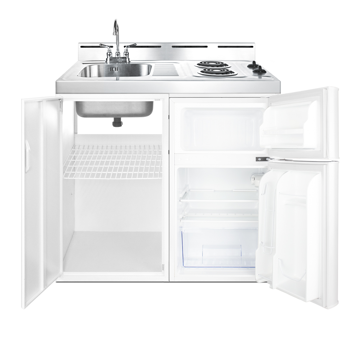 39 inch wide all-in-one kitchenette with 2-burner 115V coil cooktop, refrigerator-freezer, sink, and storage cabinet